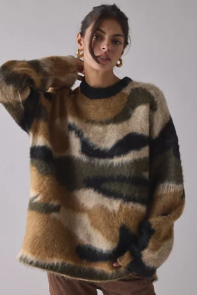 The Ragged Priest Raid Camo Fuzzy Knit Oversized Sweater In Brown, Women's At Urban Outfitters