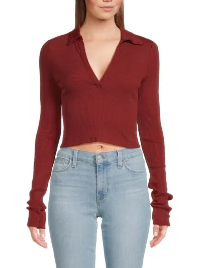 The Range Women's Ribbed Crop Polo Top In Berry