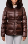 The Recycled Planet Company Lux Faux Fur Lined Water Resistant Recycled Nylon Down Puffer Jacket In Brown