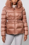 The Recycled Planet Company Lux Faux Fur Lined Water Resistant Recycled Nylon Down Puffer Jacket In Brown