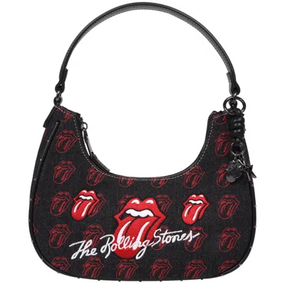 The Rolling Stones All-over Tongue Logo Black Denim Small Hobo Bag - Embroidered Graphic, Studded Trim & Charm Detail In Red