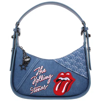 The Rolling Stones Denim Shoulder Bag - Tongue Logo Mini Hobo Purse (navy/denim & Pink) In Blue