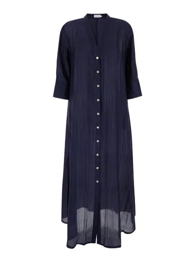THE ROSE IBIZA LONG BLUE DRESS WITH MOTHER-OF-PEARL BUTTONS IN SILK WOMAN