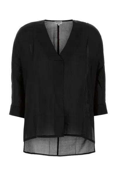 The Rose Ibiza Silk Blouse With Mandarin Collar In Black