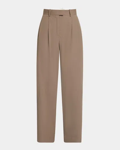 The Row Alfidis Double Pleated Straight-leg Cotton Pants In Brown