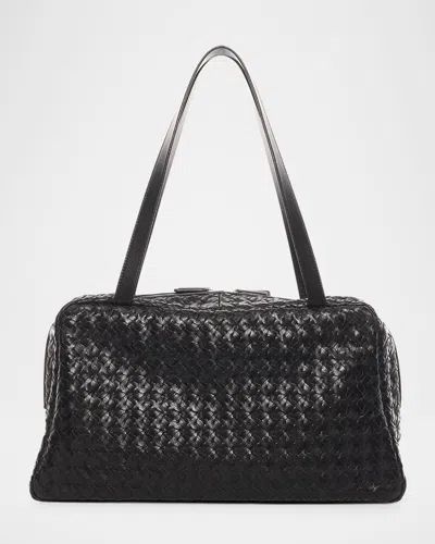 The Row Astra Bowling Shoulder Bag In Woven Vintage Leather In Black