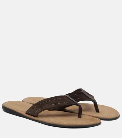 The Row Beach Leather-trimmed Suede Thong Sandals In Brown