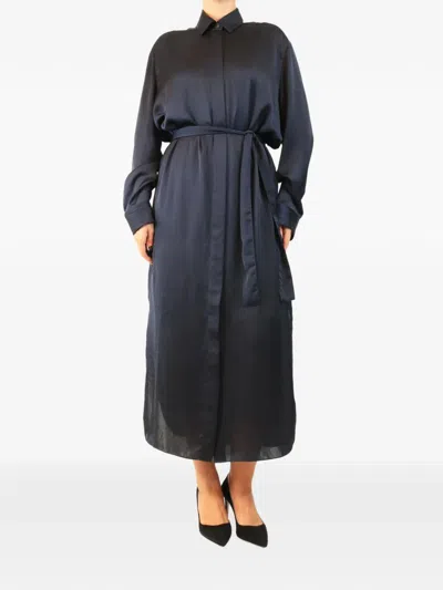 Pre-owned The Row Belted Satin Midi Shirt Dress In Blue