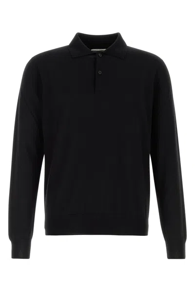 The Row Cashmere Selio Polo Shirt Ribbed Collar Cuffs In Black