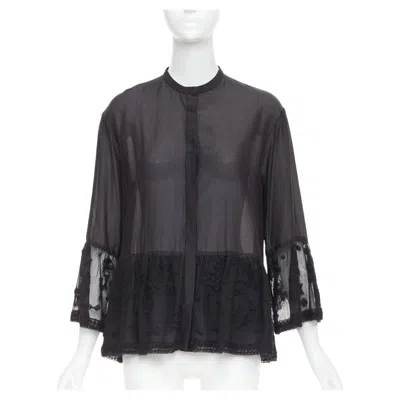 Pre-owned The Row Black Cotton Silk Fringed Embroidered Lace Peplum Sheer Shirt Us2 S