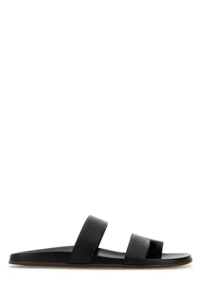 The Row Leather Double Strap Thong Slippers In Black