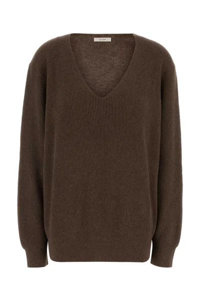 The Row Stretch Cotton Blend Phef V Neck Sweater In Brown