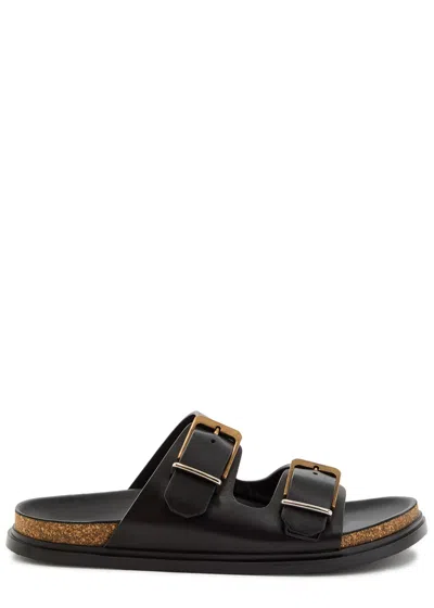 The Row Buckle Leather Slides In Black