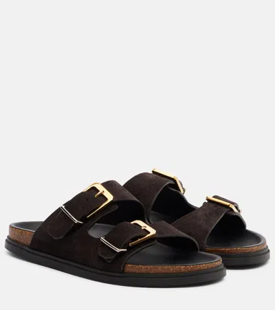 The Row Buckle Suede Slides In Brown