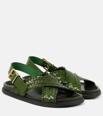 The Row Buckle Woven Leather Slingback Sandals In Green