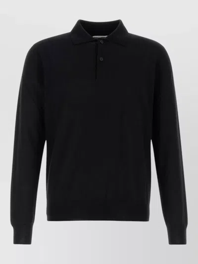 The Row Cashmere Selio Polo Shirt Ribbed Collar Cuffs In Black