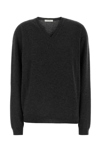 The Row Isadora V-neck Cashmere Sweater With Ribbed Cuffs In Grey