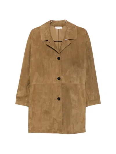 The Row Damir Suede Button-up Coat In Brown