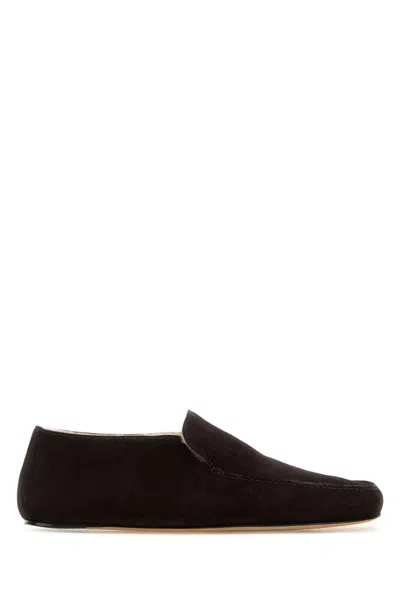 The Row Suede Leo Loafers Round Toe Flat Sole In Black