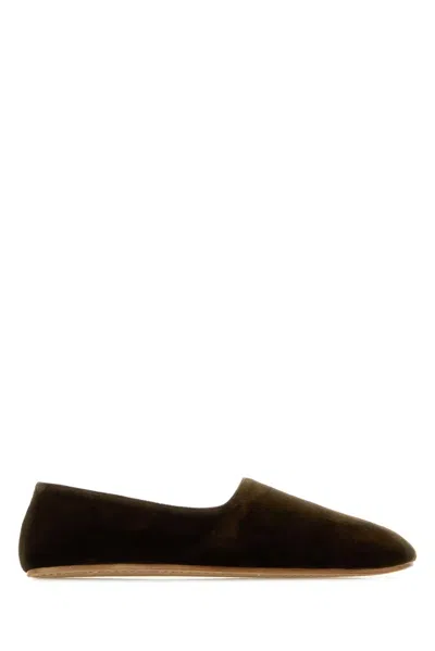 The Row Dark Green Velvet Ponti Ballerinas In Brown