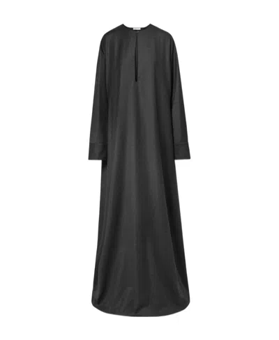 The Row Dark Grey Logo Large Silhouette Wool Extra-long Dress In Black