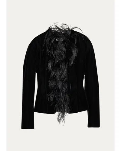 The Row Eunice Feather-trim Velvet Slim Jacket In Black