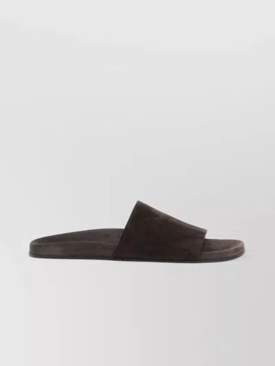 THE ROW FLAT SOLE OPEN TOE SUEDE SLIDES