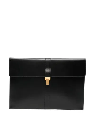 Pre-owned The Row Foldover Leather Clutch Bag In Black