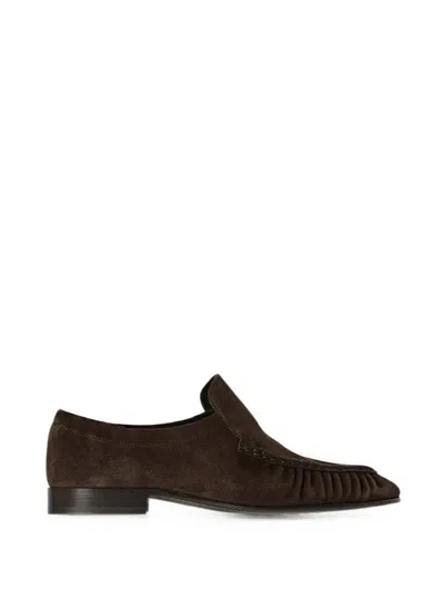 The Row Two Gathered Black Suede Loafers In Brown