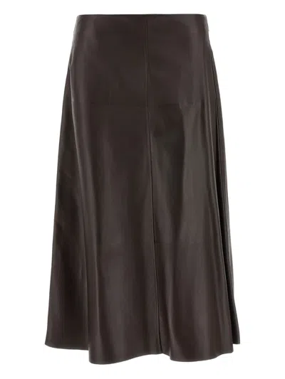 The Row Hedora Flared Leather Midi Skirt In Brown