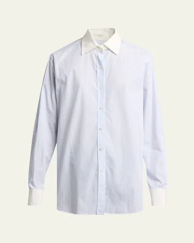 The Row Hilbert Striped Button-down Tunic Shirt In Blue