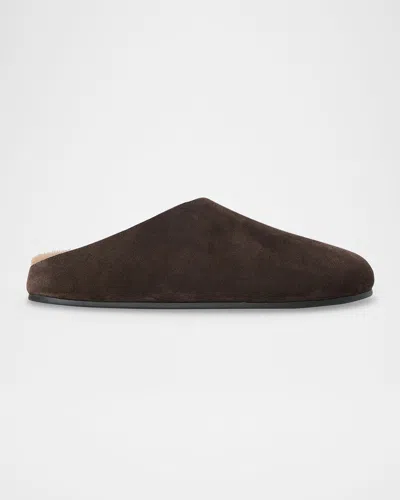 The Row Hudson Fur-lined Suede Slide Mules In Brown