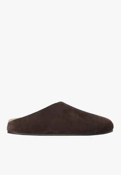 The Row Hudson Suede Flat Mules In Brown