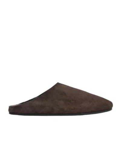 The Row Hudson Suede Flat Slides In Brown
