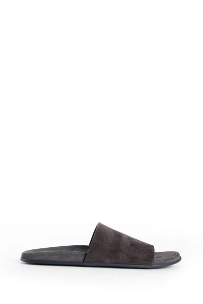 The Row Hugh Slides In Suede In Brown