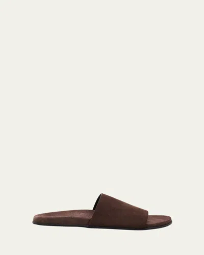 The Row Hugh Suede Flat Slide Sandals In Brown