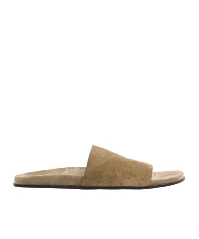 The Row Hugh Suede Sliders In Brown