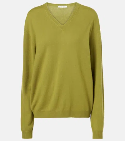 The Row Isaora Cashmere Knit V Neck Sweater In Green