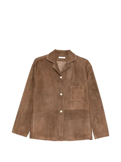 The Row Janine Suede Leather Shirt In Brown