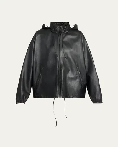 The Row Jilly Leather Zip Hooded Jacket In Black