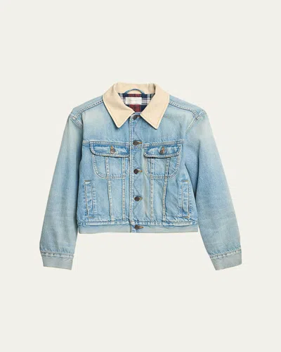 The Row Joras Crop Denim Jacket With Corduroy Collar In Blue