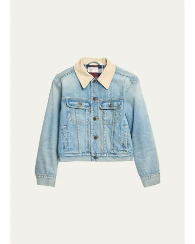 The Row Joras Crop Denim Jacket With Corduroy Collar In Light Indigo