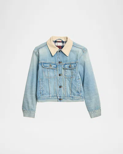 The Row Joras Crop Denim Jacket With Corduroy Collar In Purple