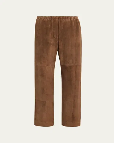 The Row Kenan Suede Straight-lag Ankle Pull-on Pants In Brown