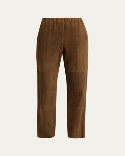 The Row Kenan Suede Straight-leg Pull-on Pants In Brown