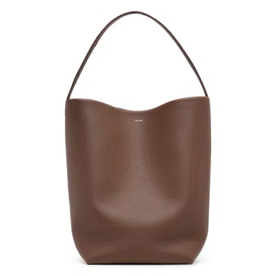 The Row Large N/s Dark Olive Leather Tote Bag In Brown