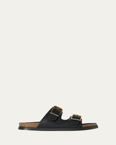 The Row Leather Dual-buckle Slide Sandals In Black