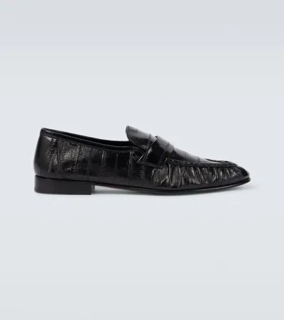 The Row Soft Leather Loafers In Black