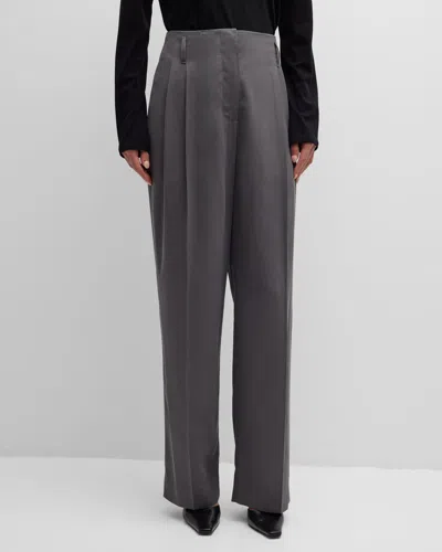The Row Lonan Pintuck Silk Pants In Army Grey