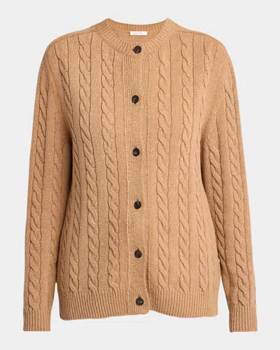 The Row Loneke Cable Knit Crewneck Cardigan In Brown